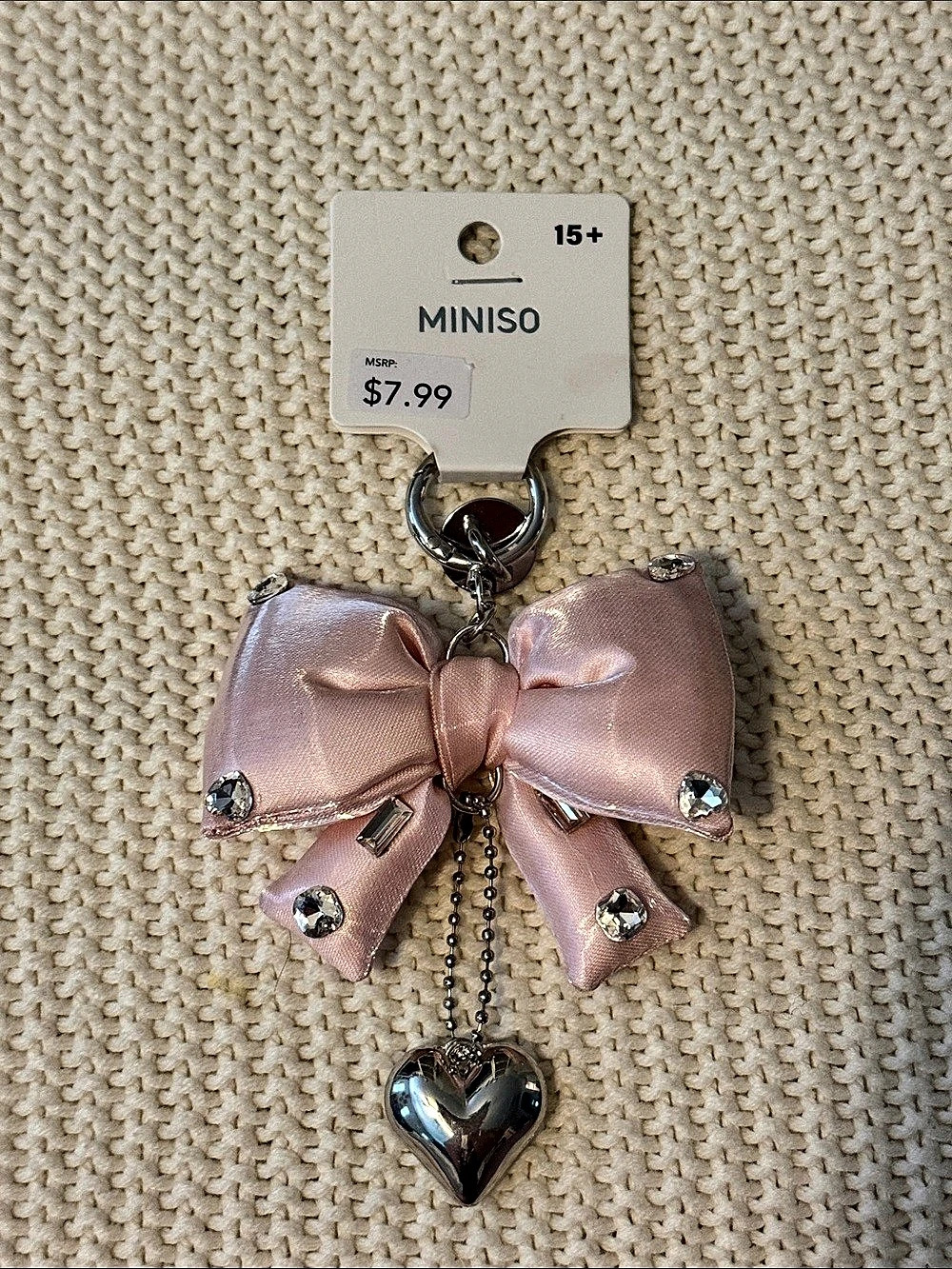 MINISO Bow Heart Keychain in Pink & Silver NWT